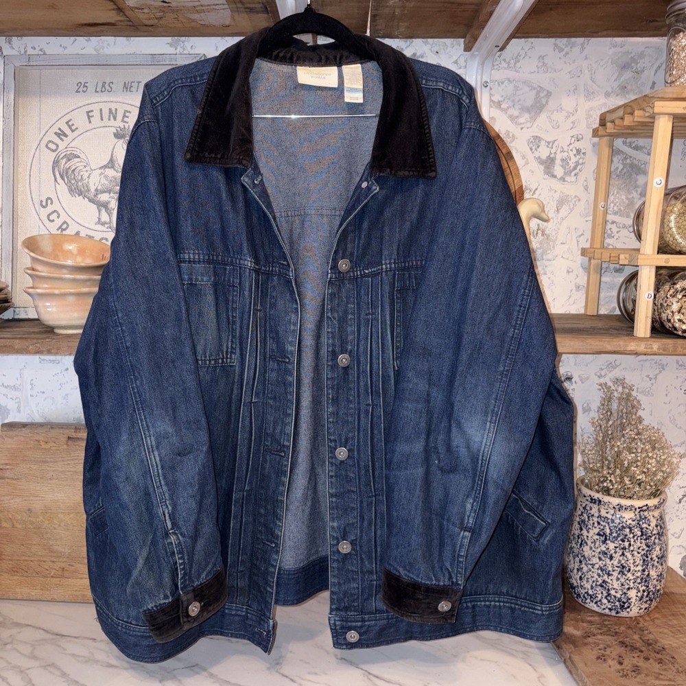 Vintage Liz Claiborne Women's 2x Denim Chore Barn Coat Velvet Collar Cottagecore